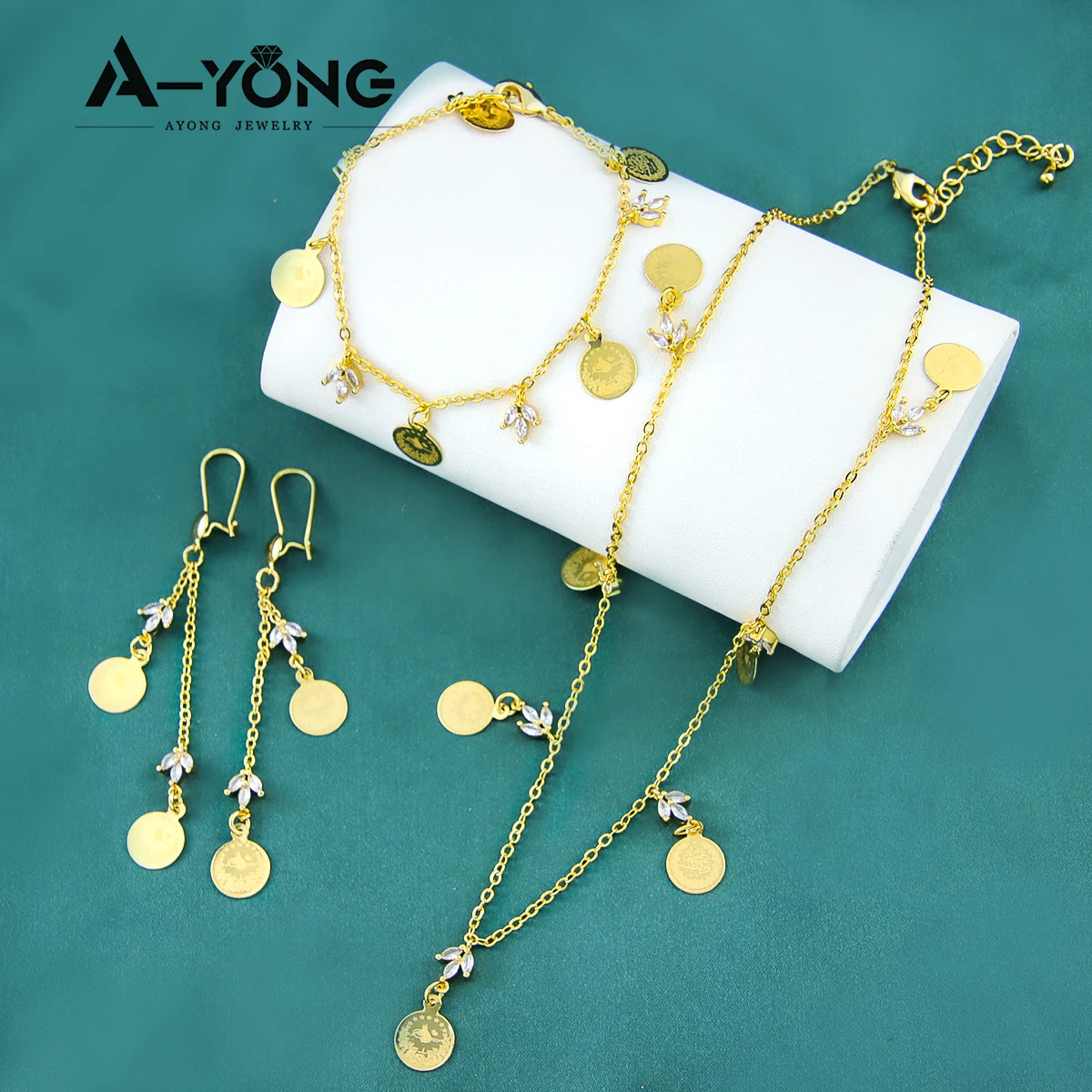 Türkische Münzen Halskette Set 21 Karat vergoldet Kupfer arabische elegante Zirkon Schmuck für Frauen Hochzeits feier Geschenke – Detail 4