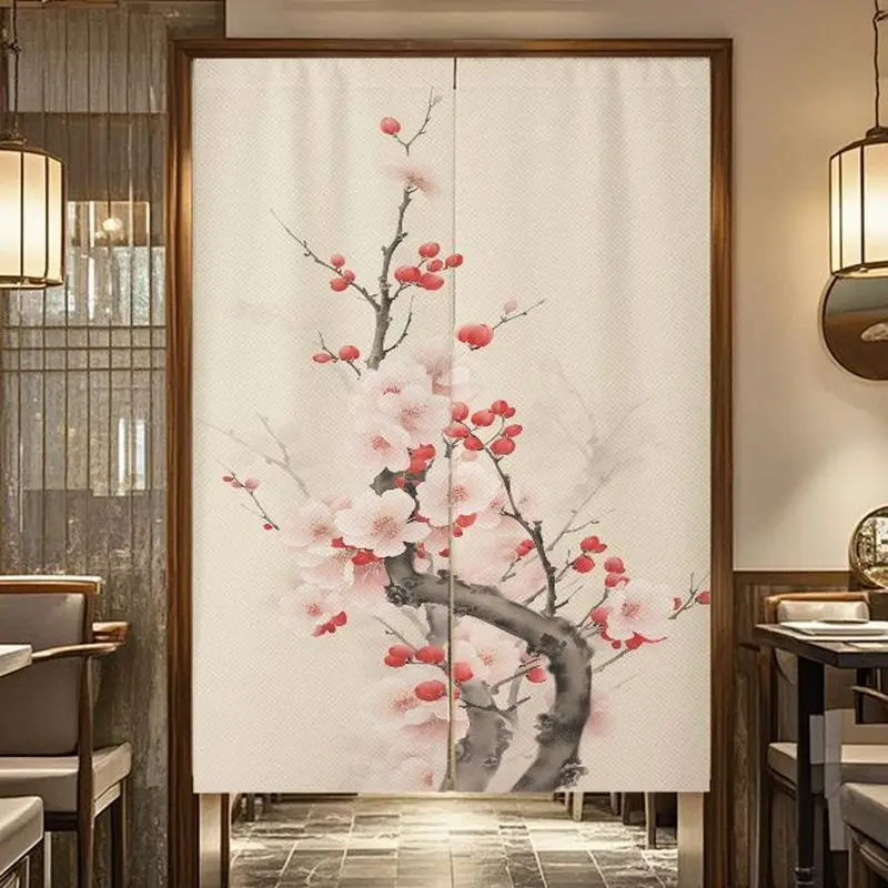 Cortina Noren VIKAMA con Diseño de Flor de Ciruelo, Estilo Oriental Vintage, Separador de Ambientes de Tela, Cortina para Puerta de Cocina, Decoración para Sala de Té y Hogar