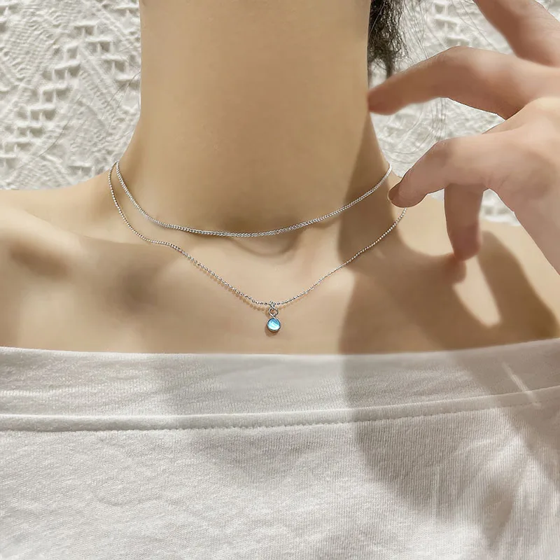 KOFSAC 925 Silver Necklace for Women Double Layer Clavicle Chain Shiny Crystal Blue Necklace Dainty Gift Valentine's Day Jewelry