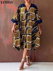 VONDA Oversized Summer Dress 2024 Women V Neck Bohemian Printed Beach Sundress Casual Midi Vestidos 3/4 Sleeve Loose Robe Femme