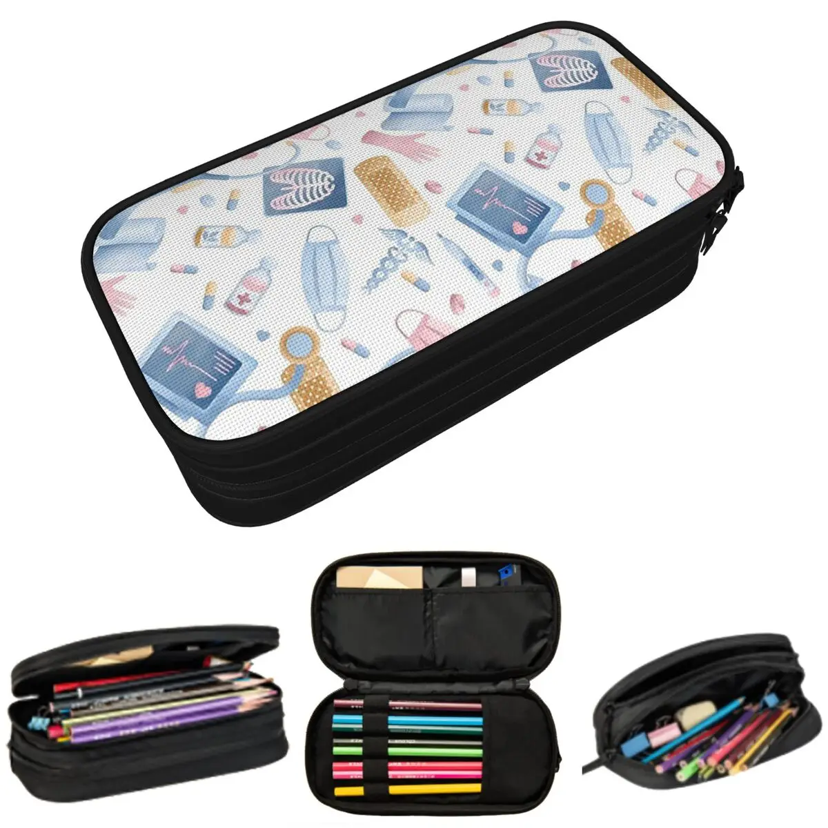 

Пенал-косметичка для ручек и карандашей с акварельным рисунком: медсестра, врач, медицинское оборудование. Для мальчиков и девочек.