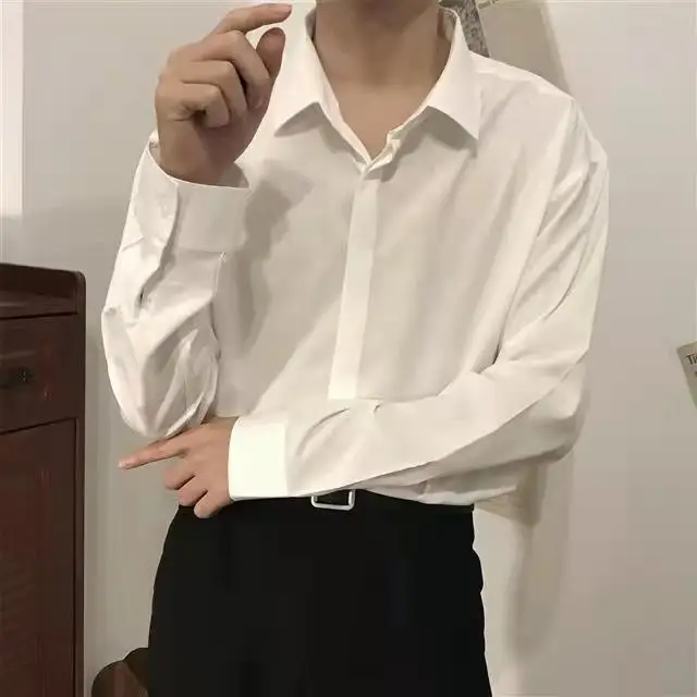 Men's Long-sleeved Solid Color Loose and Versatile  Uniform Jacket Spring Summer Autumn and Winter Casual Men's White Shirt