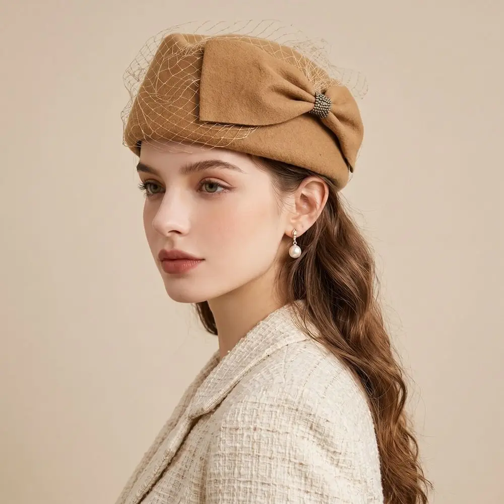 Vintage French Style Bow Fedora Hat Fedoras Elegant Mesh Topper Hat Versatile Rhinestone Woolen Beret Banquet