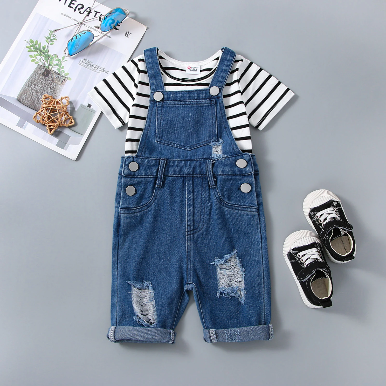 

PatPat 2pcs Baby Boy/Girl Short-sleeve Striped Tee and Ripped Denim Overalls Set