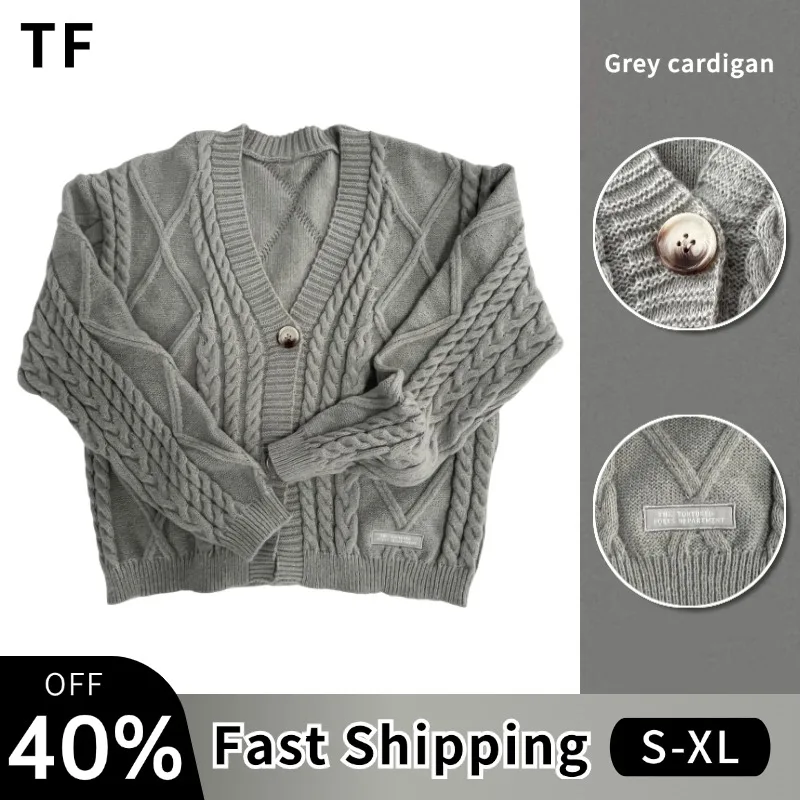 Letter Patch Grey Cardigan Women Autumn Winter V-neck Knitted Cardigan Female Soft Loose Long Sleeve Sweaters Coat Casual Tops