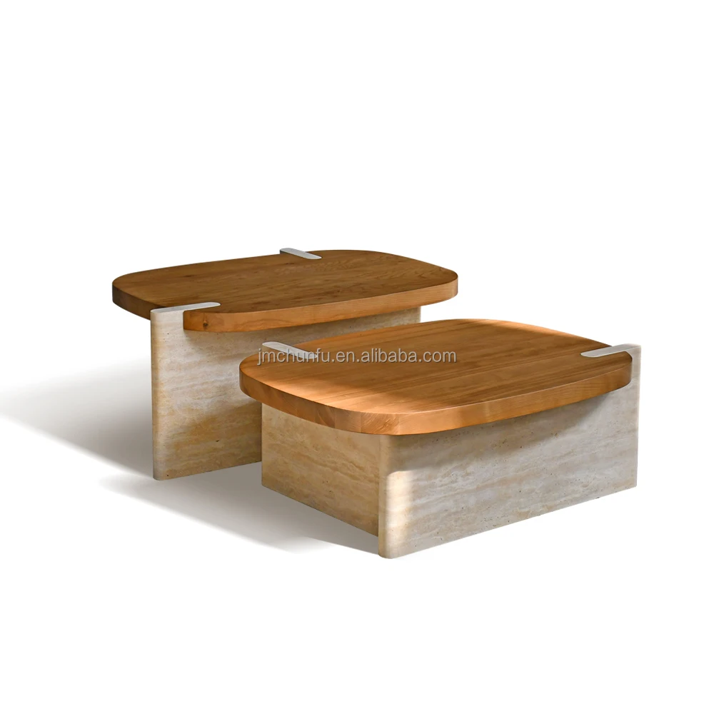 

OEM ODM Italian Luxury Style Wholesale Beige Stone Living Room Furniture Nesting Table Travertine Solid Wood Coffee Table