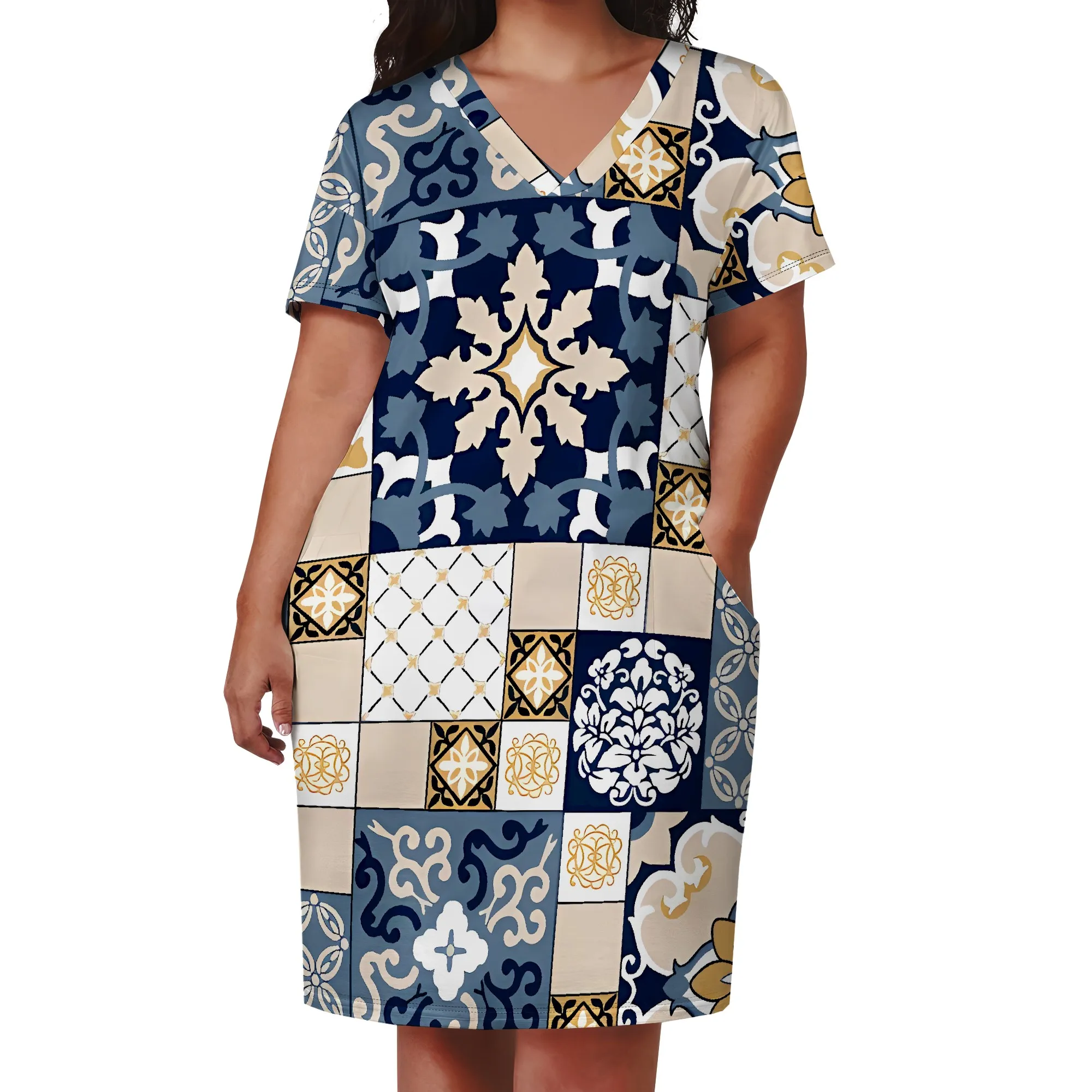 Plus Size Bohemian Patchwork V Neck Mini Dress for Women Loose Summer Holiday Tunic Style