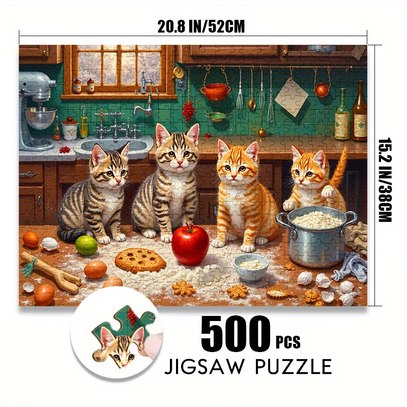 500/1000 قطعة من ألغاز الورق أربعة قطط لطيفة في المطبخ، مكونات متناثرة، ألعاب ألغاز كبيرة لطيفة للغاية للكبار Ga