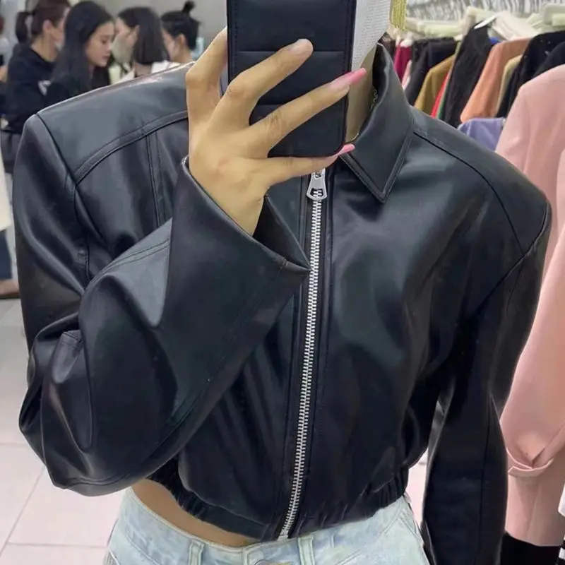 Faux Leather Jacket Women Motorcycle Cropped Jacket Short Tops Zipper Long Sleeve Y2k Clothing Pu Leather Coat Streetwear Black