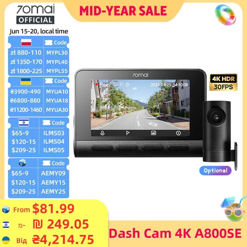 70mai A800SE 4K Car DVR Support Rear or Interior Cam 24H Parking