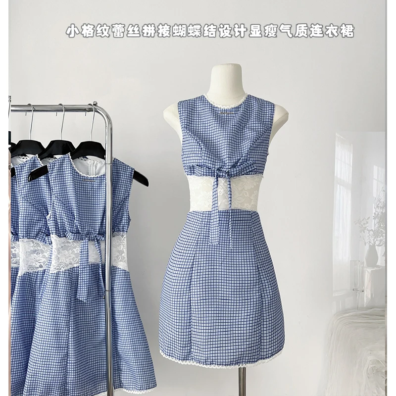 

2024 Summer Leisure Unique Blue Small Plaid Lace Patchwork Bow Design Slim Fashion Temperament Y2k Sleeveless Dress Women 2000s