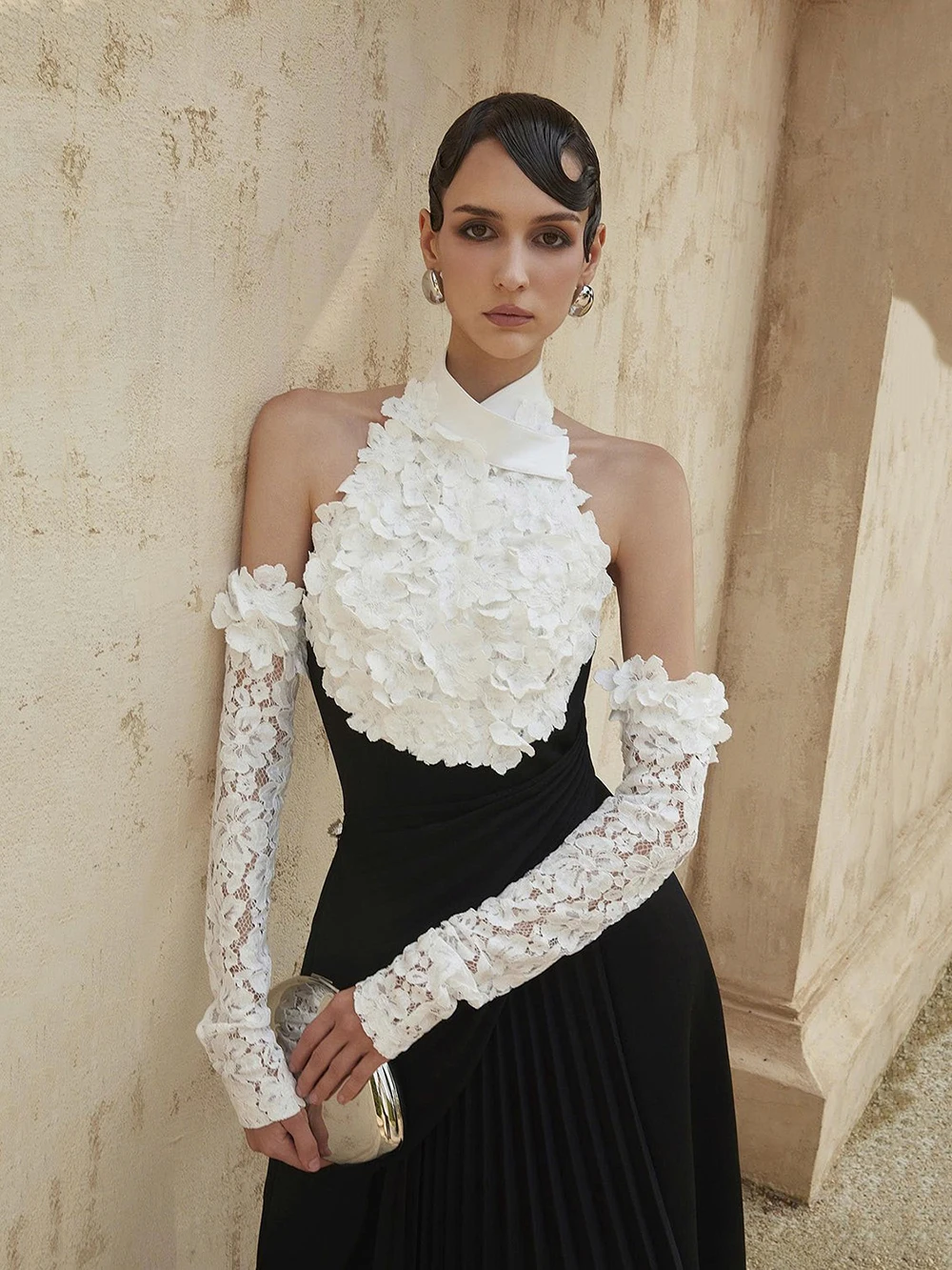 Modphy Sexy Black Halter Lace Flower Pleated Long Dress Backless Floor Length Tunic Elegant Dinner Party Evening Gowns