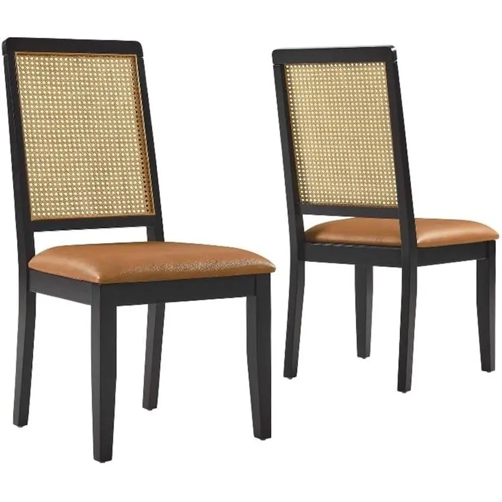 

Rattan Dining Chairs Set of 2: Black & Natural Tan, Vegan Leather Upholstered Accent Chairs for Dining Rooms