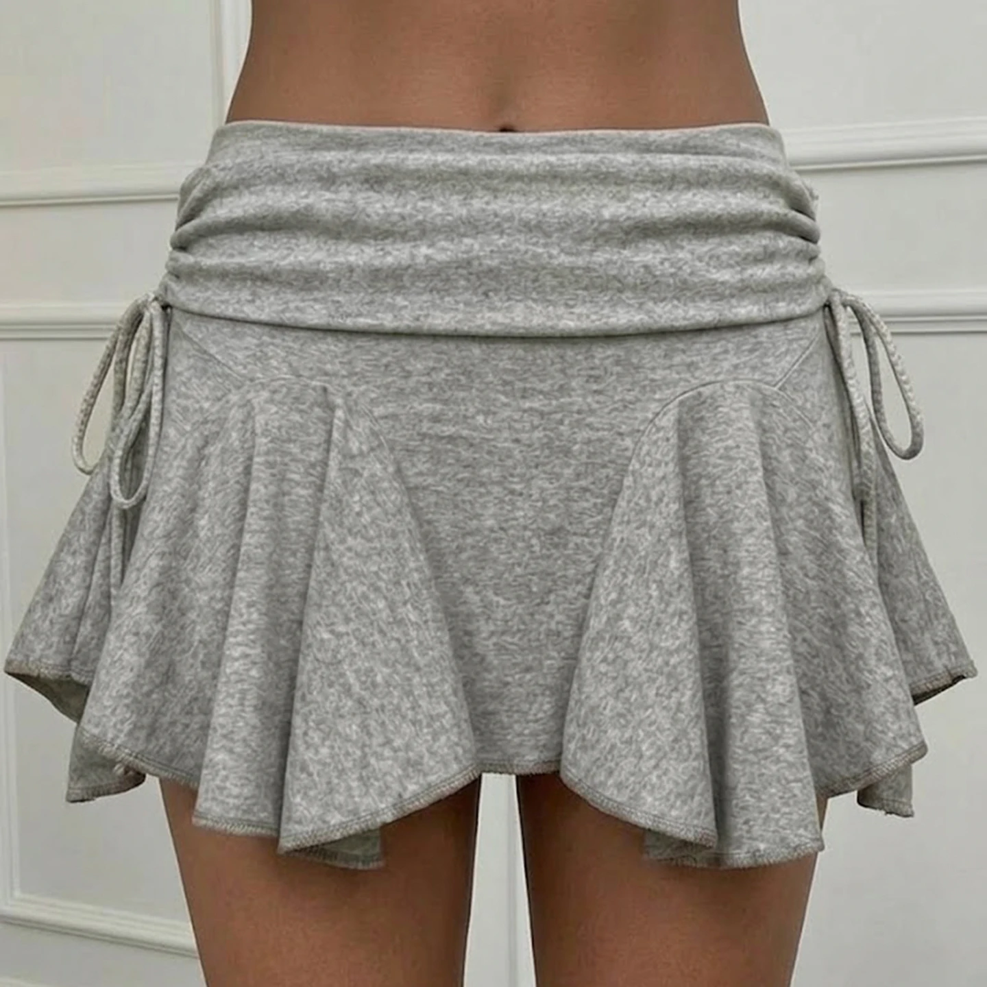 SUCHCUTE Grey Low Waist Mini Skirt Women Fold Over Waistband Side Drawstring Ruched Flared Ruffle Hem Y2K Casual A Line Skort