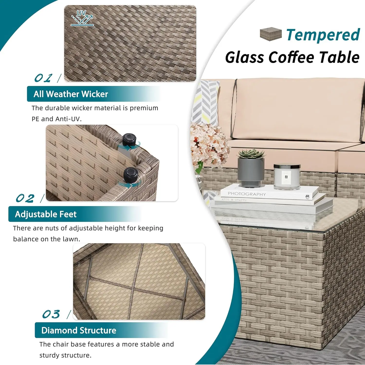 Patio Conversation Sets High Back All-Weather Rattan Sectional Sofa with Tea Table&Washable Couch Cushions