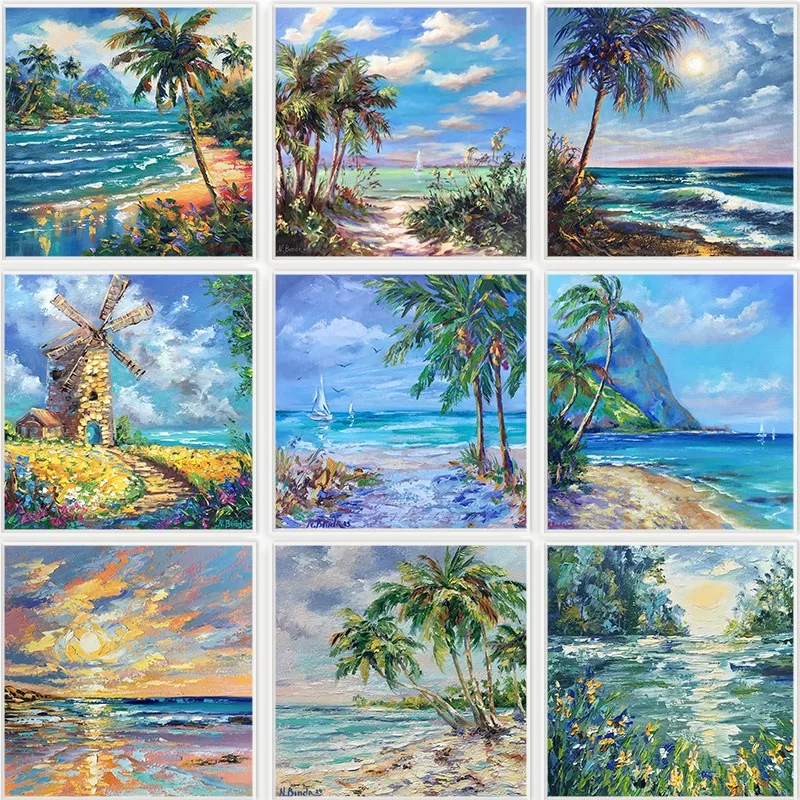 Tropical Island Palm Tree Lagoon and Beach Flowers Poster Beach Nautical Landscape Canvas Painting Wall Art for Room Home Decor