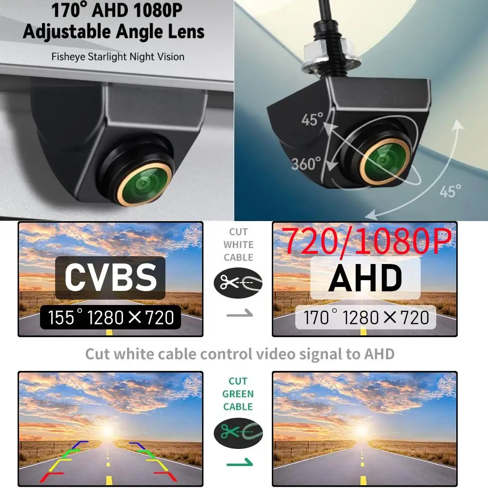 CVBS to AHD 1920x1080P or 720P Car Rear View Camera 170° Fisheye Golden Lens Full HD Night Vision Vehicle Reversing