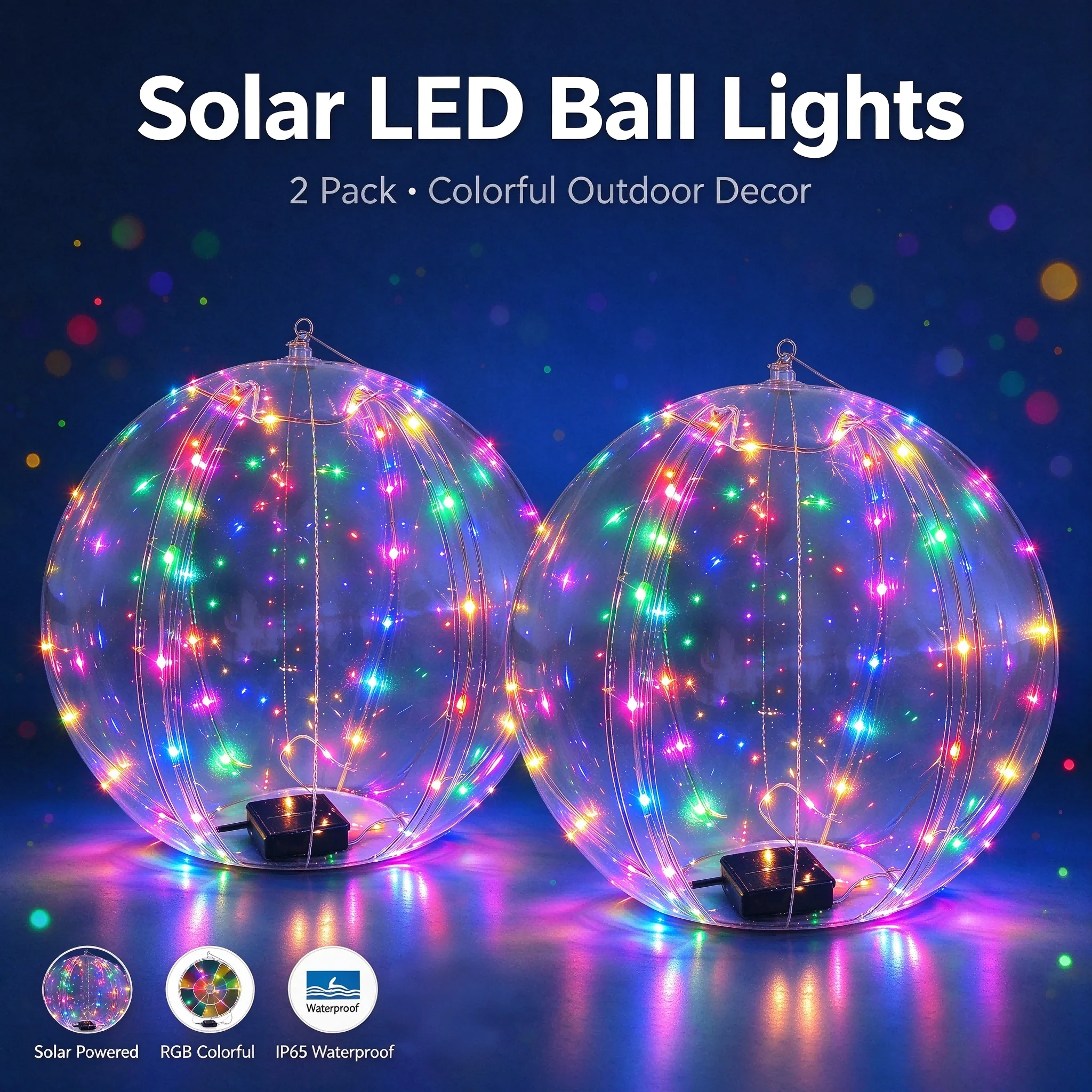 Solar LED Ball Lights 2 Pack 34cm Colorful RGB Outdoor Hanging Globe Lights Waterproof Solar Powered Fairy Light Ball for Garden Patio Pool Christmas Tree Party Decorations