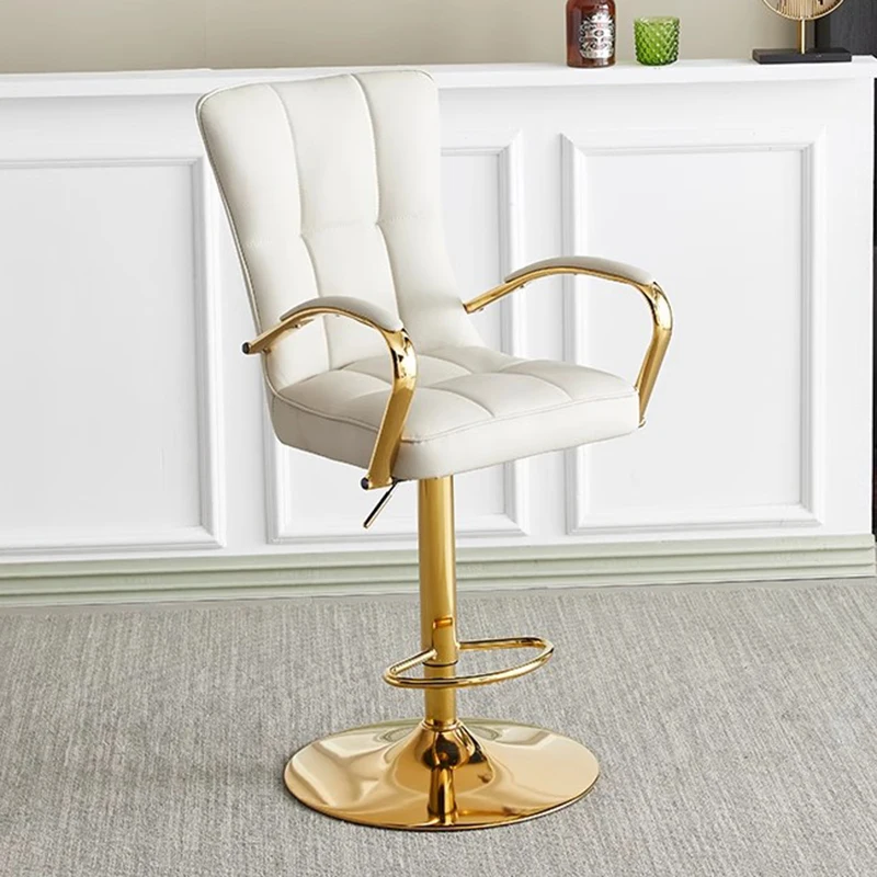Customizable Nordic Bar Chair, Office, Rotatable, Leather, Adjustable, Cream, Metal, with Rear Bar Stool