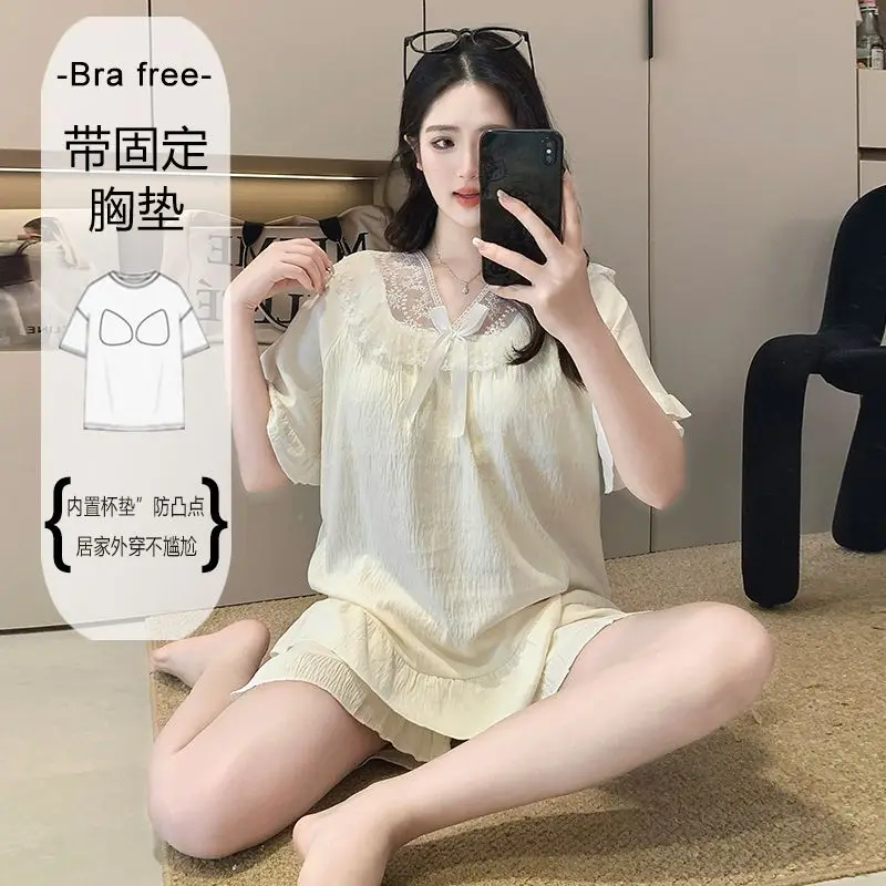 

Cloud Cotton Pajamas Women Summer Home Clothes with Chest Pad Korean Lace V-Neck Short-sleeved Shorts Two-piece Set Loungewear