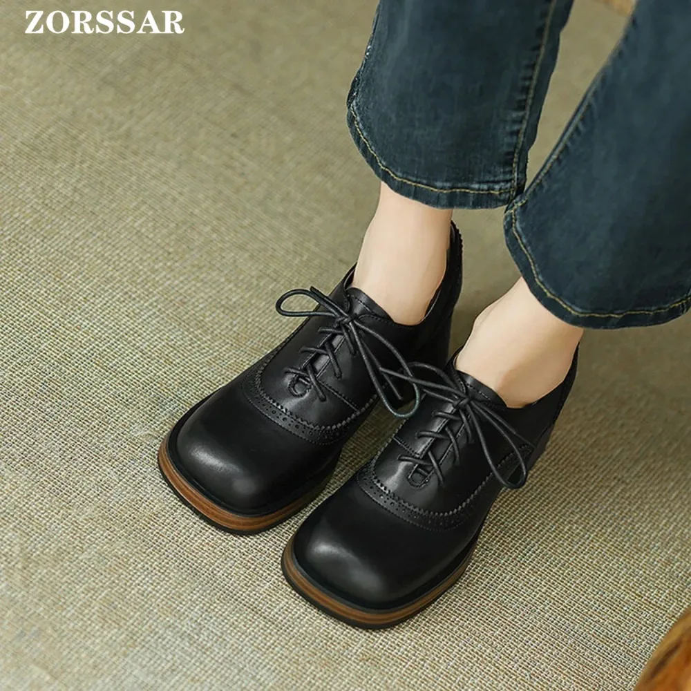 Retro Style Brown Leather Shoes For Women Oxford Square Toe Shoes Square Heel Outdoor Leisure Walking Sneaker Footweight Diaily