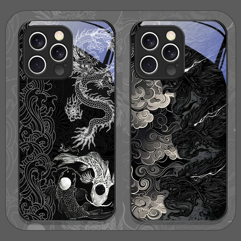 Aesthetic Cool Black Dragon Printed Tempered Glass Phone Case for IPhone 17 16 Pro Max 15 13 12 11 Mini XS X 14 Plus Soft Cover