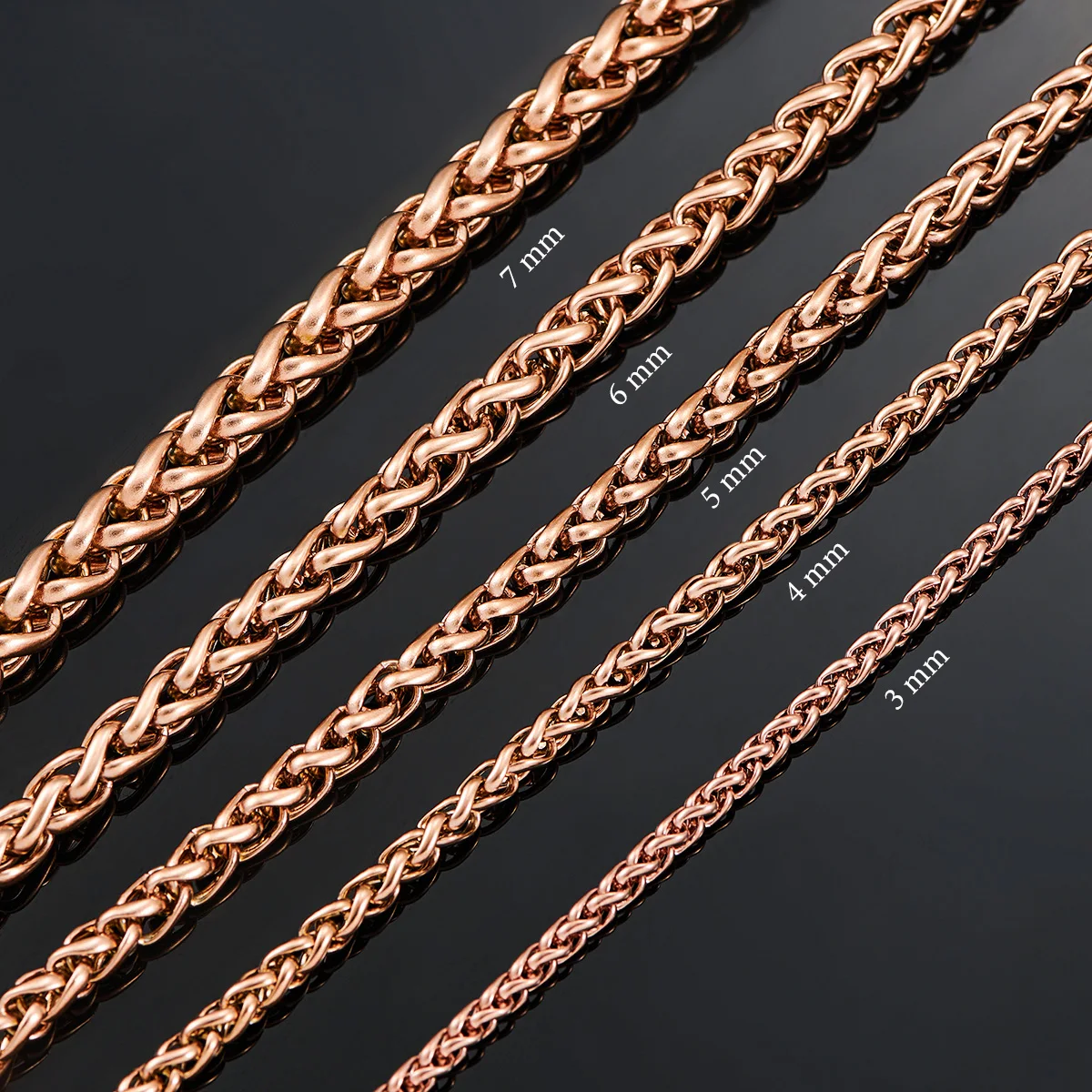 3mm/4mm/5mm/6mm/7mm Rose Gold Color Stainless Steel Wheat Braided Necklace Link Classic Curb Chain for Men Women Jewelry