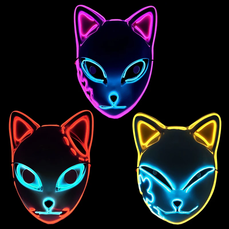 Halloween Cat Face Mask Glow LED Masks Anime Demon Slayer's Blade Cosplay Party Lighting Masks Halloween Cosplay Masque