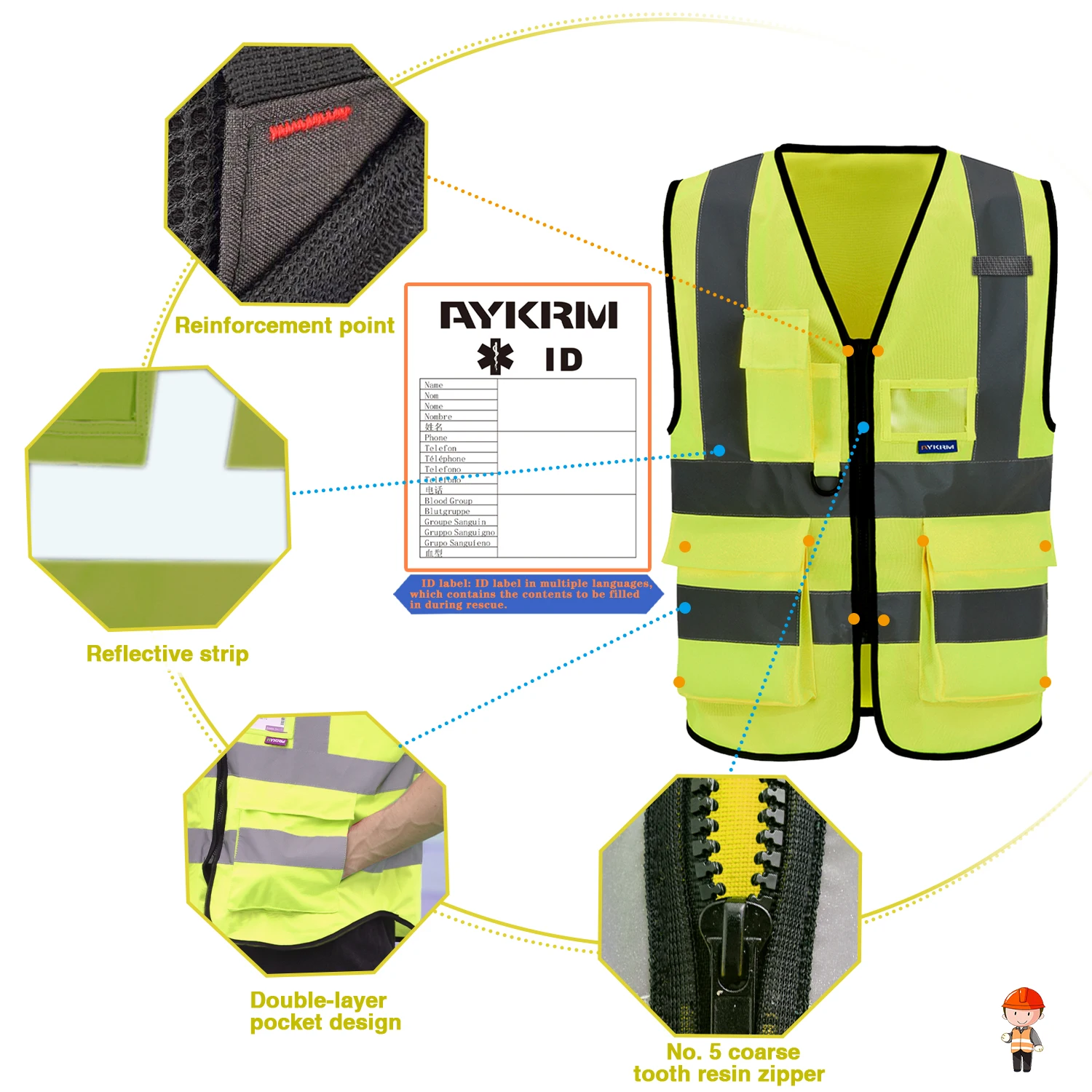 AYKRM 21 Colour （XS-8XL) Hi Vis Viz High Visibility Reflective Zip Pocket Security Waistcoats Jacket Workwear Vests