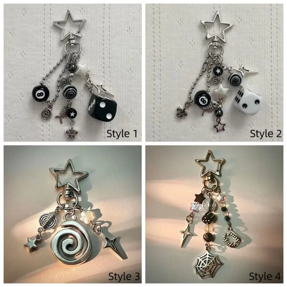 Fashion Star Shaped Rockstar Keychains Black & White Handmade Spider Web Keychain Keyrings Beaded Y2k Pendant Backpack view 5