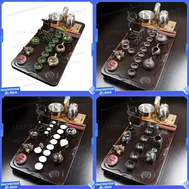 Automatic Ebony Tea Tray Set with Cover for Home Office Kung Fu Tea Board Whole Set Accessories Elegant Design for Daily Use
