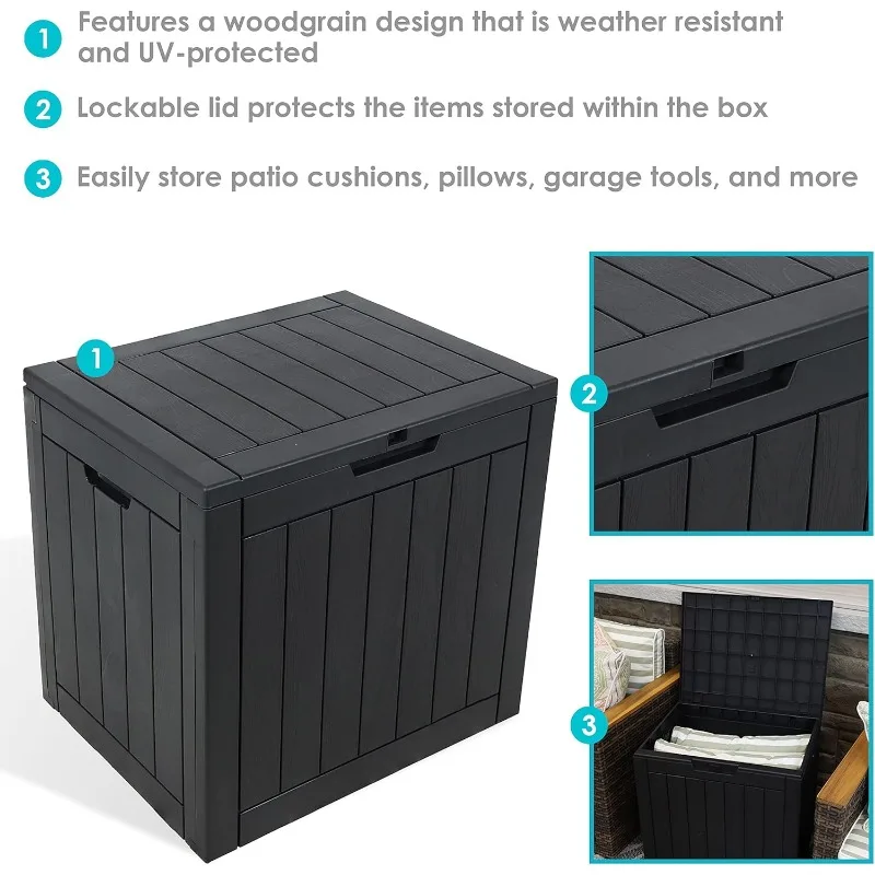 Outdoor Deck Box - Lockable Package Delivery Box - Weather-Resistant Outdoor Storage Bin - 32-Gallon Faux Plank