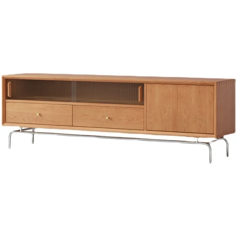 Japanese-Style Solid Wood TV Nordic Living Room Glass Sliding Door Storage Floor Cabinet Modern Minimalist TV Cabinet