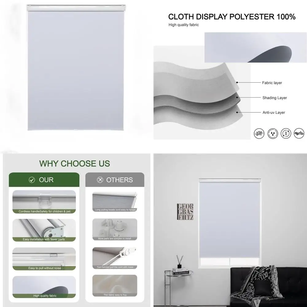 ホワイト 100% 遮光コードレスローラーシェード、75H x 44W、簡単設置、家庭およびオフィス用窓カバー