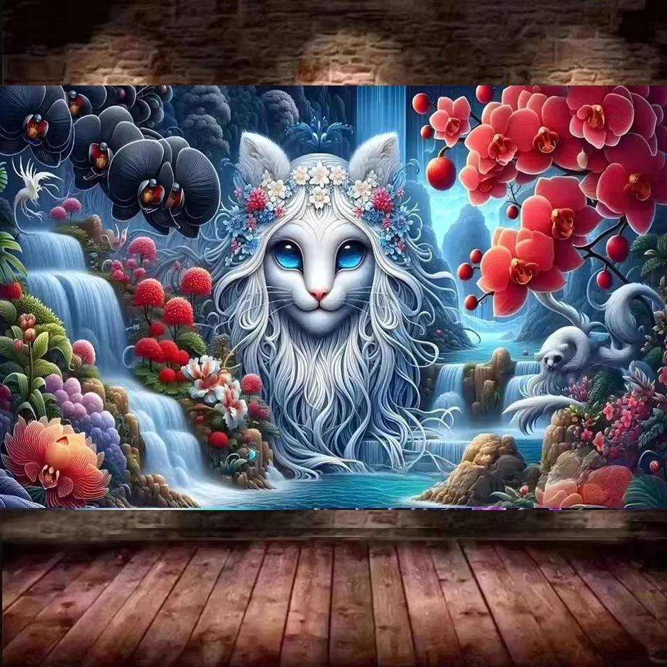 

2025 New 5d diy Diamond Painting Kits Large Size Full Square/Round Drill - Waterfall Cat Flowers , Home Decor/Relaxing Gift,