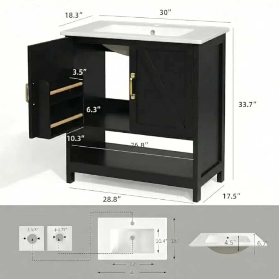 30 Bathroom Vanity with Sink, Small Freestanding Cabinet for Compact Bathrooms, Solid Wood, Matte White, Space-Saving Design