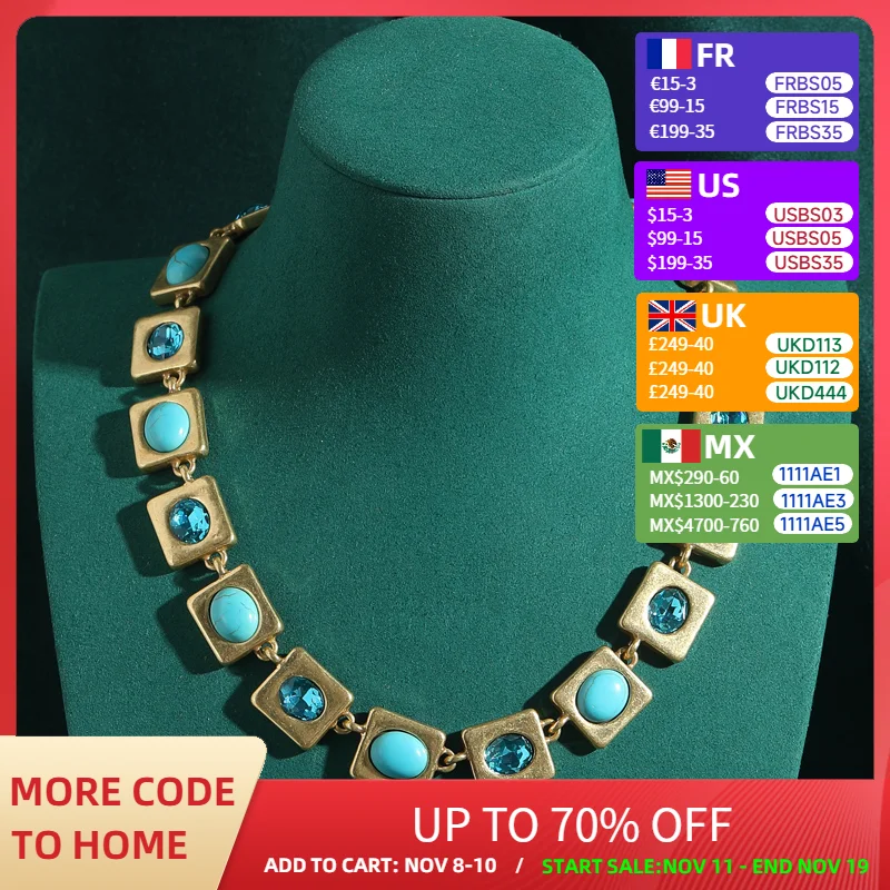 

Vintage Blue Turquoise Necklace Choker Gradient Square Antique Gold Color Green Pine Crystal Luxury Designer Jewelry 2025 New In