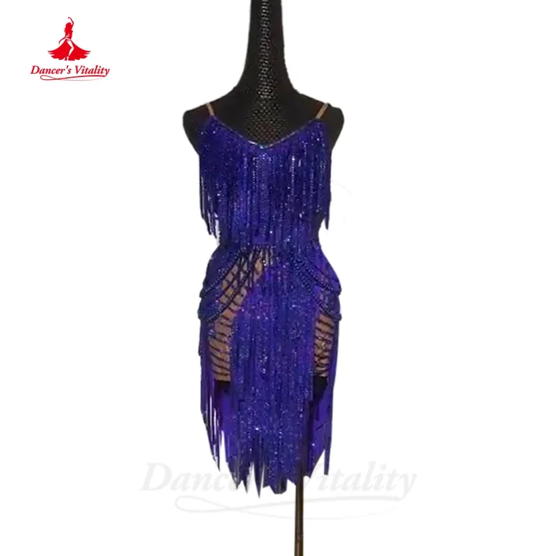 

Latin Dance Fringe Dress for Women Rumba Chacha Tango Stones Competition Costume Skirt Adult Children Latin Black Pool Dresses