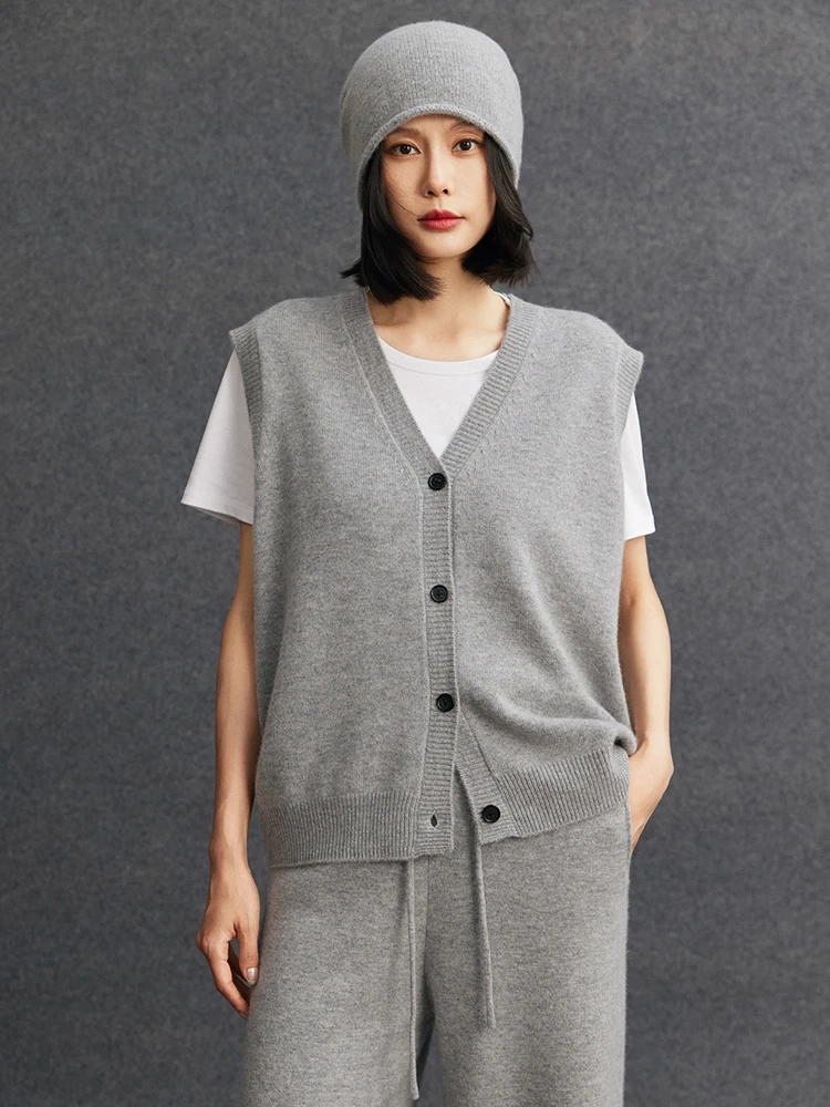 

TLOML Autumn Winter Women's 100% Cashmere Sweater V-neck Buttons Waistcoat Soft Cashmere Knitwear Sleeveless Casual Loose Tops