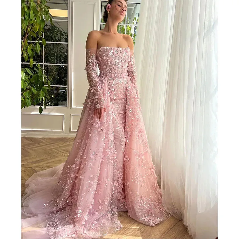 

Off Shoulder Romantic Evening Dresses Sequins Mermaid Prom Gowns with Overskirts Appliques Long Sleeve Custom Made Party Dress