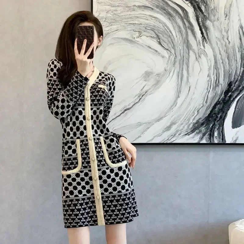 

Dress Women 2025 Spring Autumn New Korean Loose V-neck Long Sleeve Knitted Skirt Sweater Straight Tube Inside