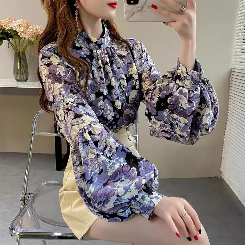 Korean All-match Women\'s Floral Printed Lantern Sleeve Blouse Spring Autumn Female Clothing Loose Fashion Stand Collar Shirt