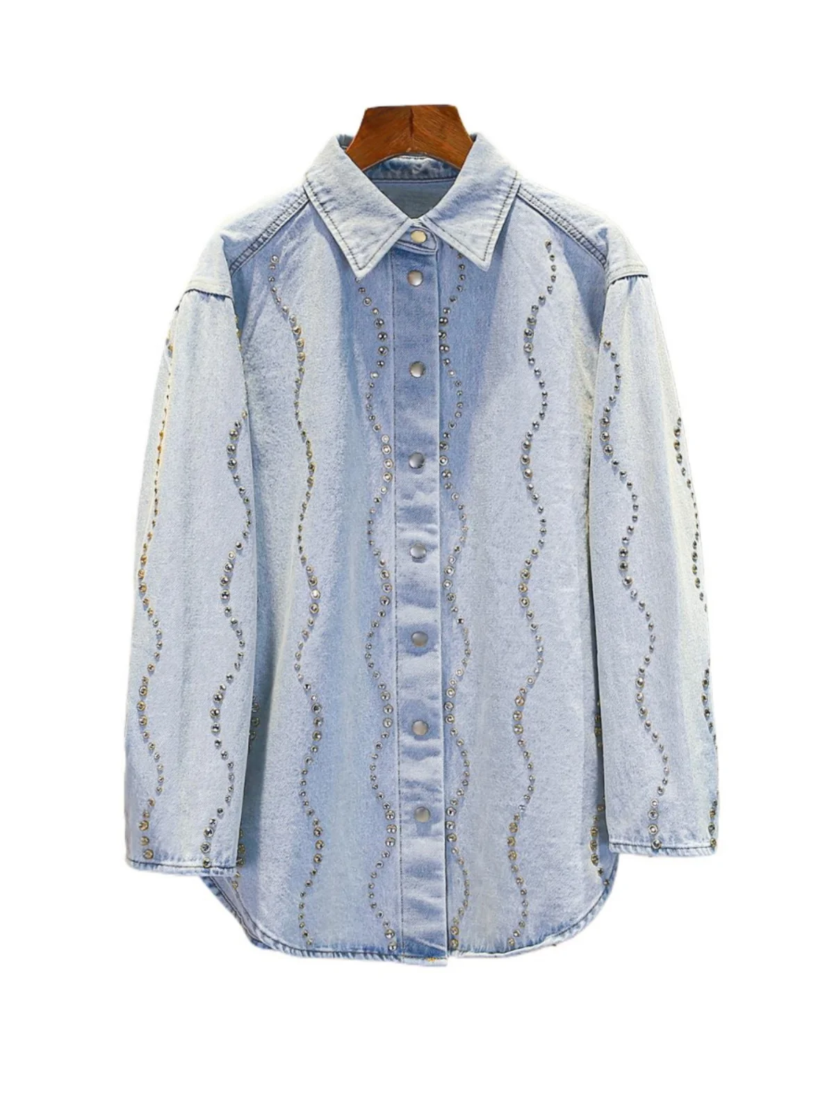 Ele Blue Ne Rhinestone irt เสื้อผู้หญิงทรงอ่อนโยน Sle Commute Sle Straight Cut Long Sve Button Closure