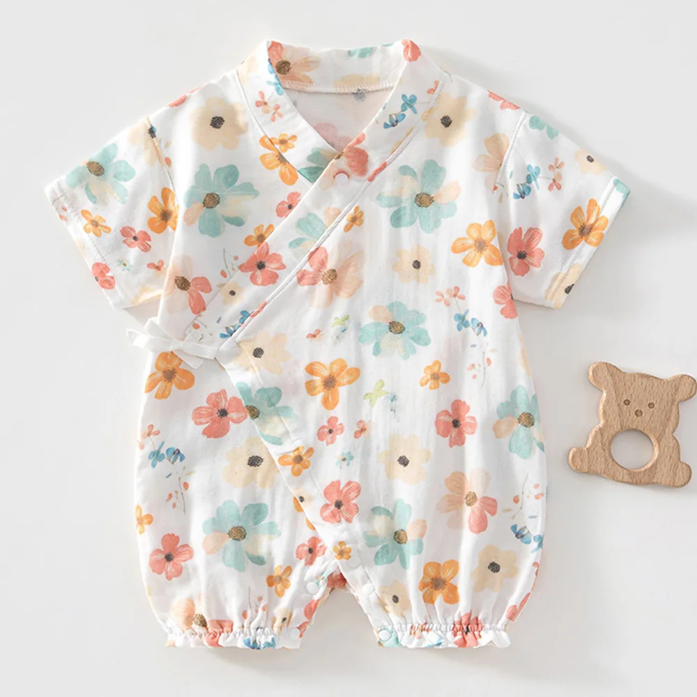 

Soft Breathable Bamboo Viscose Baby Romper Short Sleeve V-Neck Summer Cooling Gauze Infant Clothes Newborn Jumpsuit For Boy Girl