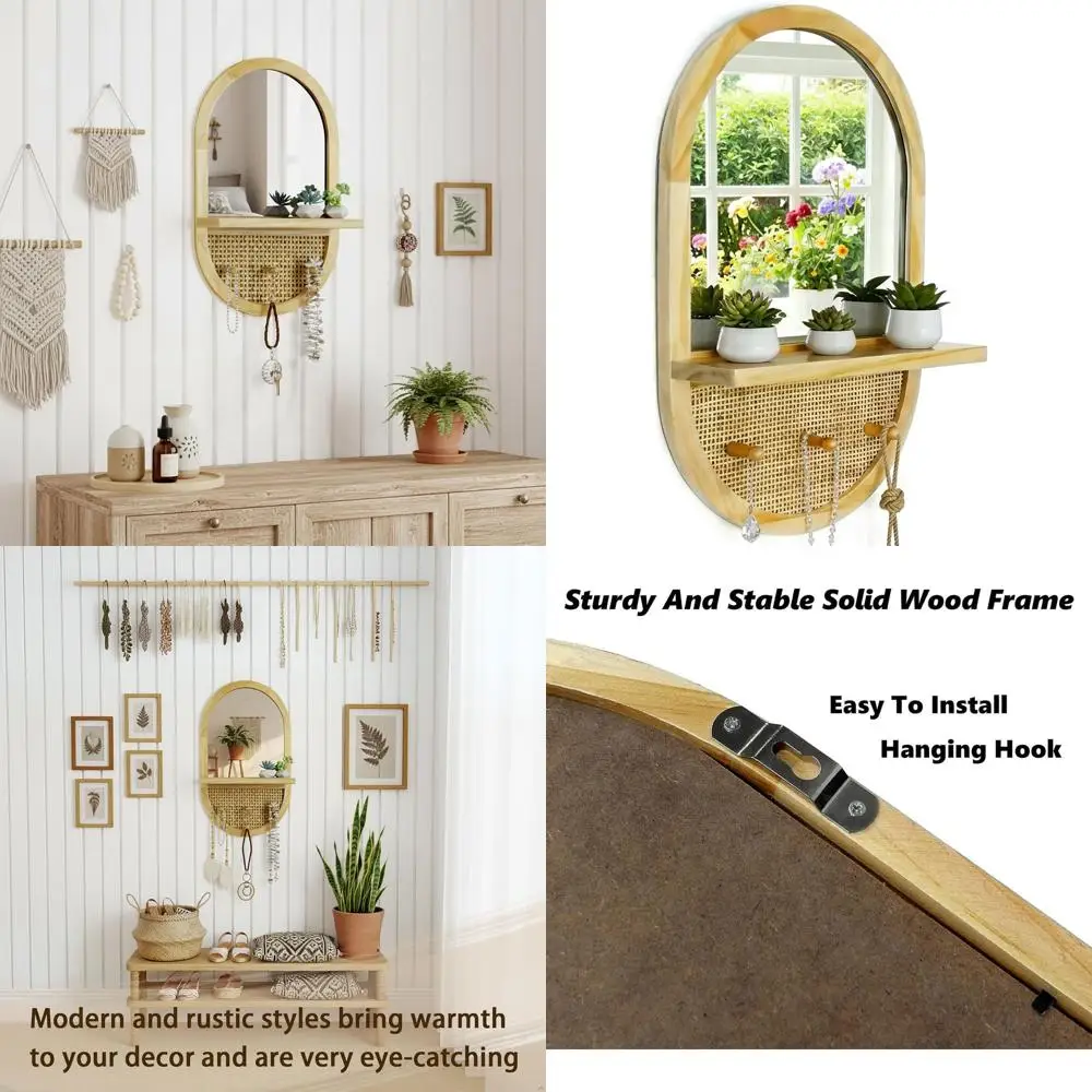 

Handcrafted Oval Rattan Wall Mirror with Hooks, 22x14 Inches, Boho Style, Perfect for Entryways, Bathrooms, Nurseries, Bedrooms,