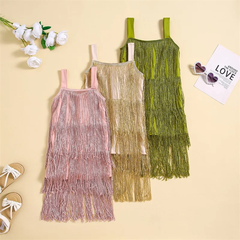 1-6years Girls Slip Dress Sleeveless Tasseled Solid Pink Green Gold Color Summer Dress For Girls Party Jazz Dance Dress