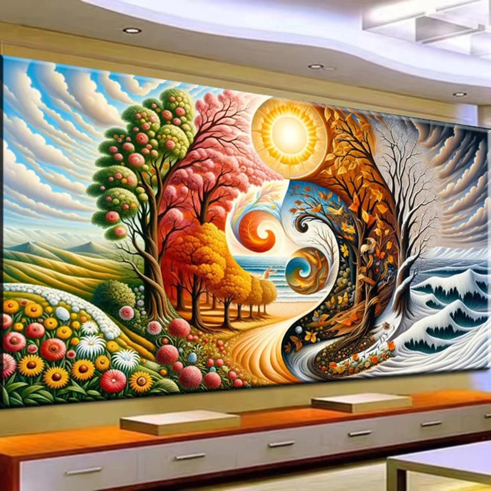 Four seasons,Tai Chi Yin Yang Flowers Tree Natural Landscape DIY 5D Diamond Painting New 2024 Full Mosaic Diamond Embroidery