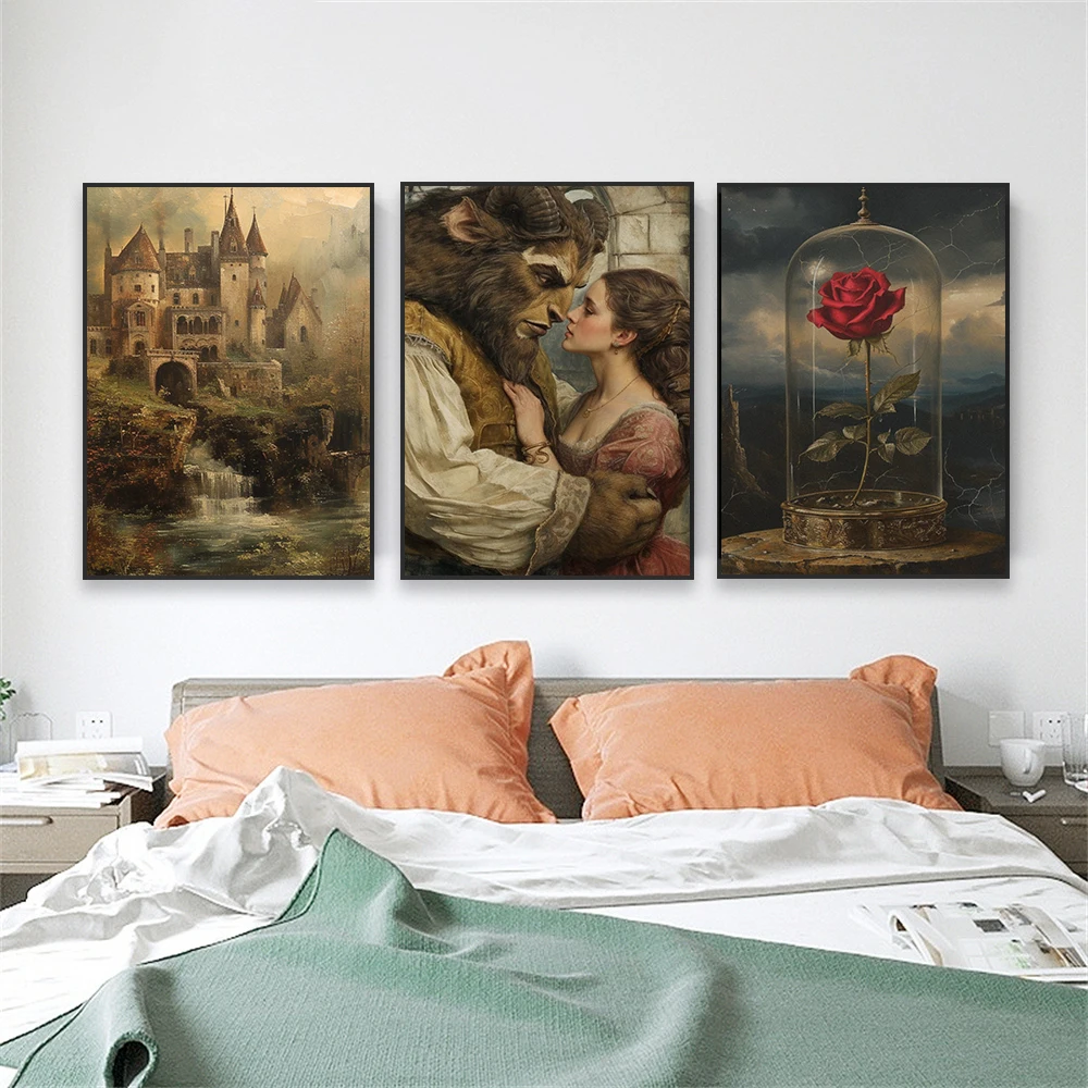 

Vintage Wall Poster Beauty and The Beast Wall Art Print Cottage Castle Princess Canvas Painting Modern Home Decor for Bedroom