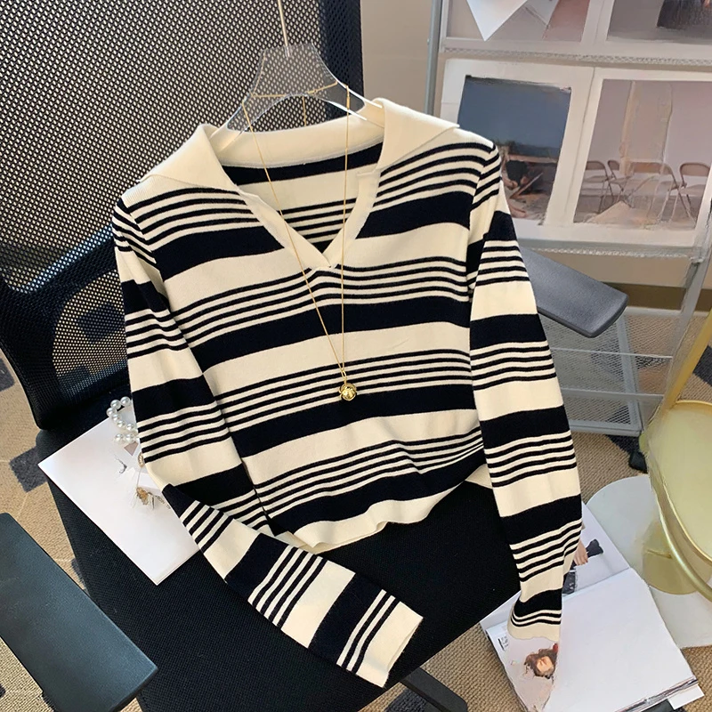 Women's Autumn Winter Pullover stripe Base All Match Sweater korean Lapel Polo collor Knitted Bottoming Top casual slim Sweaters