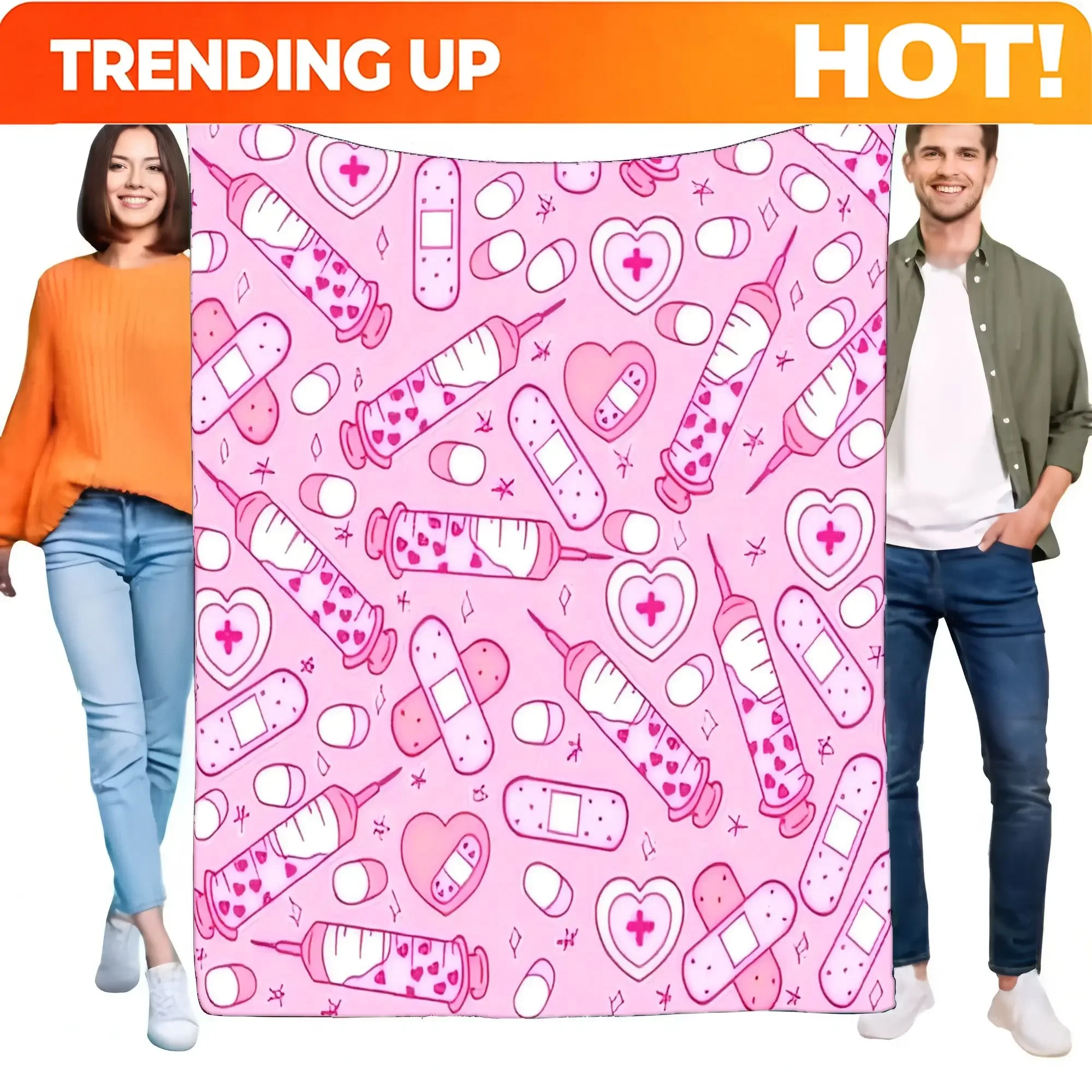 Custom Kawaii Pink Nurse Medical Syringe Heart Band-Aid Print Soft Warm Cozy Fleece Throw Blanket For Bed Sofa Couch Hospital St